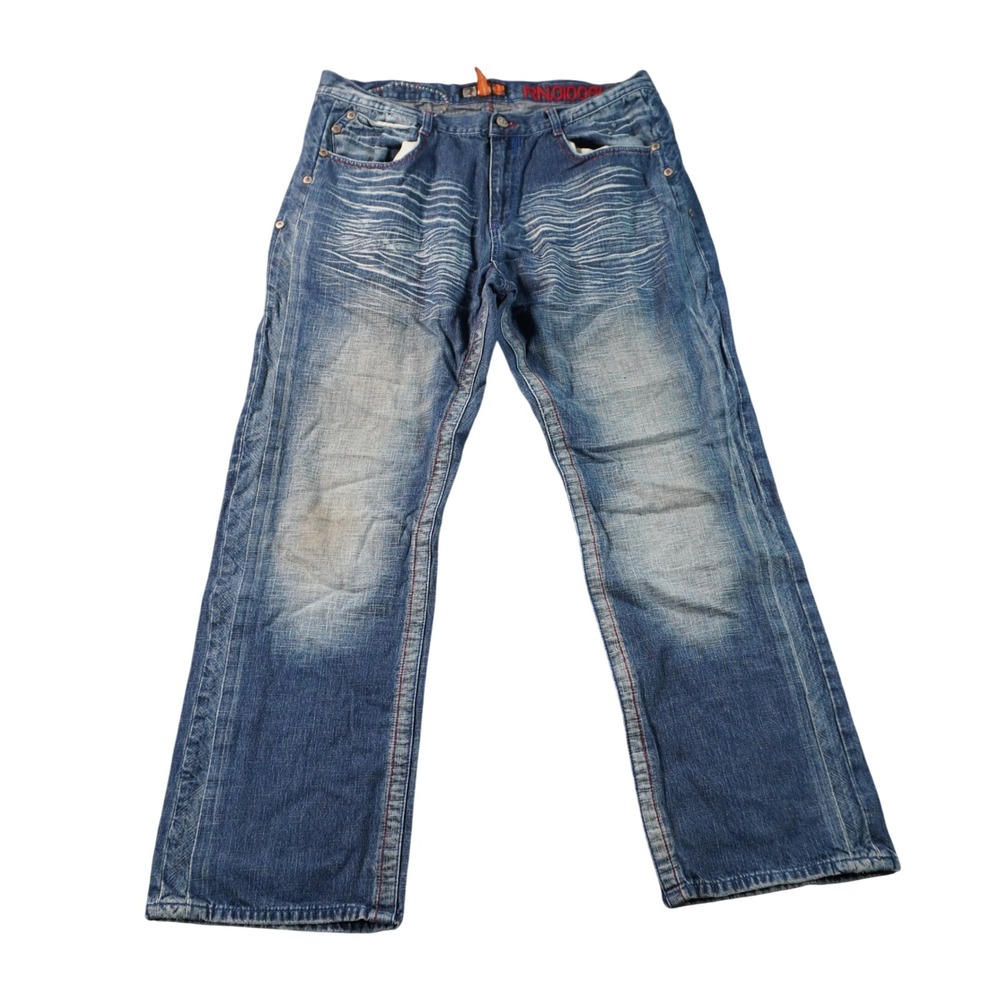 Vintage Akademiks Jeans Mens 40 Blue Medium Wash Whiskered Baggy Distressed Y2K